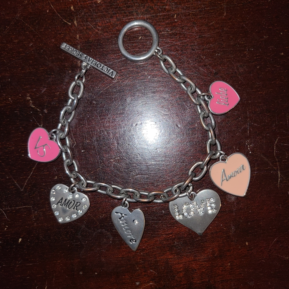 Vintage Victoria's Secret Silver and Pink Love Heart Charm Bracelet